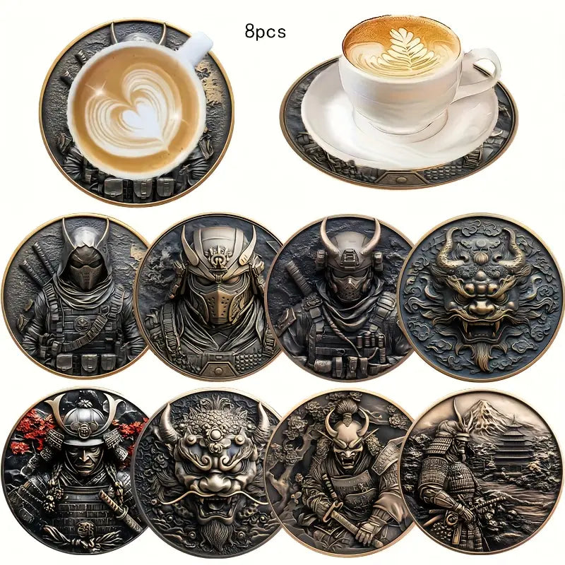 🥋 Dessous de Tasse Samouraï – Set de 8 Pièces Sculptées