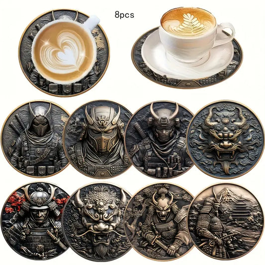 🥋 Dessous de Tasse Samouraï – Set de 8 Pièces Sculptées