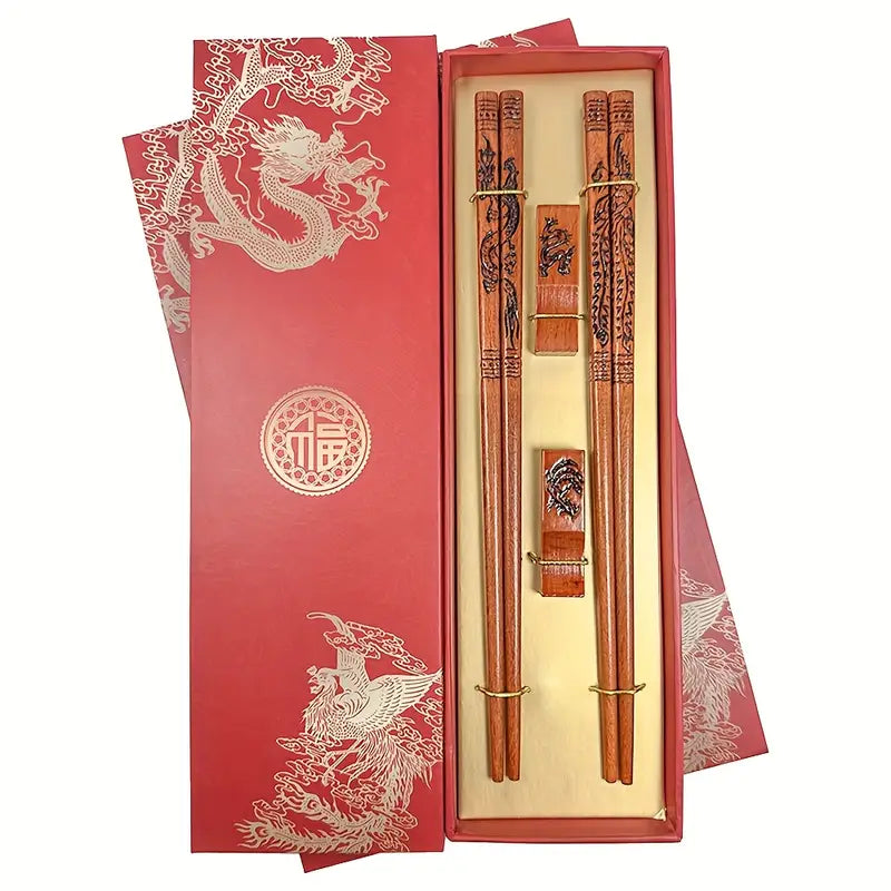 🥢 Baguettes du Dragon – Coffret Cadeau en Bois Sculpté